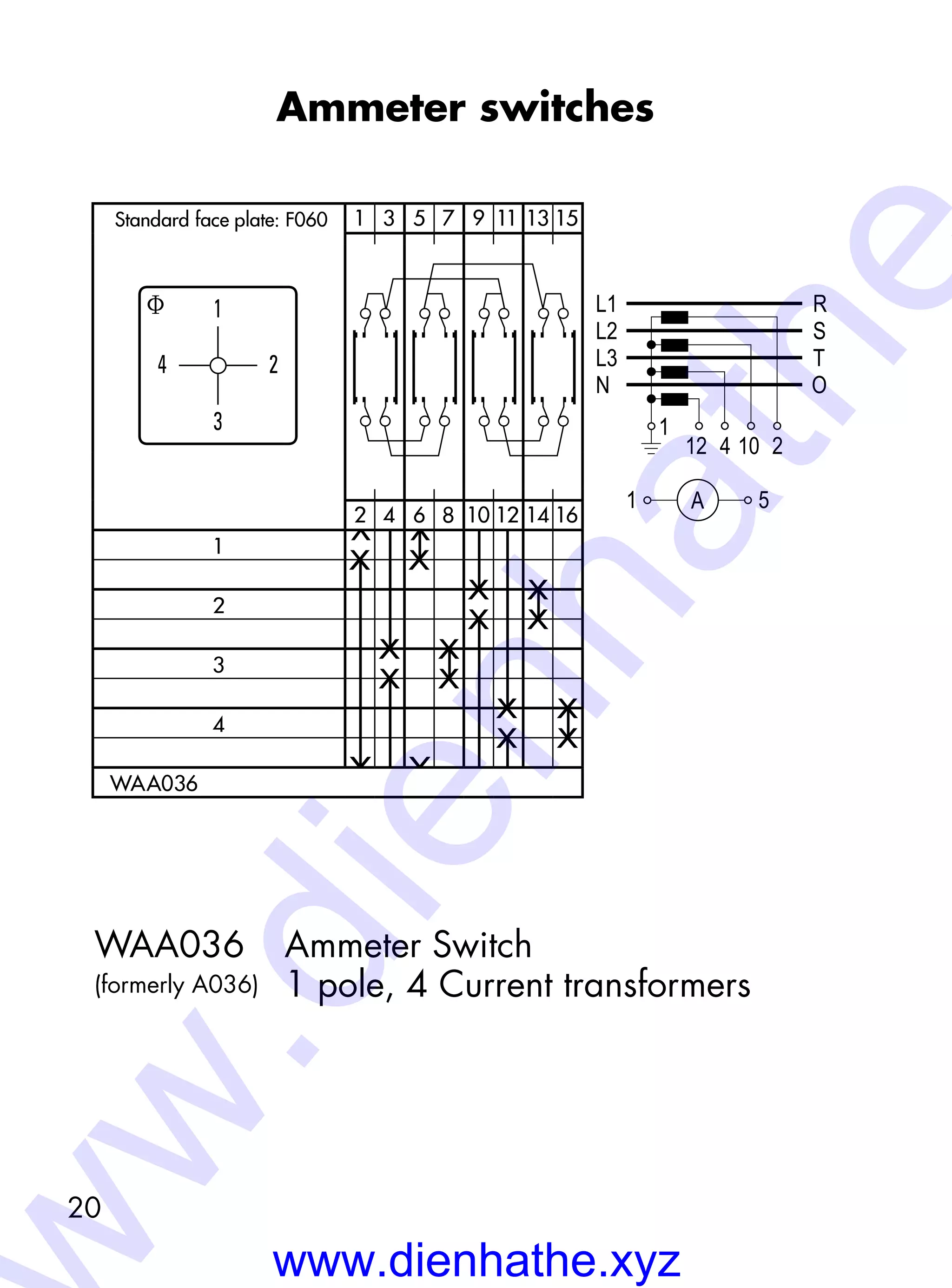 20
Ammeter switches
WAA036	 Ammeter Switch
(formerly A036)	 1 pole, 4 Current transformers
f 1
4
3
2
1 3 5 7 9 11 13 15
2 4 6 8 10 12 14 16
1
2
3
4
WAA036
X X
^
^ ^
X X
X X
XX
XX
X X
X X^
L1 R
L2 S
L3 T
1
12 4
N O
10 2
1 5A
Standard-Frontschild: F060Standard face plate: F060
www.dienhathe.xyz
w.dienhathe
 
