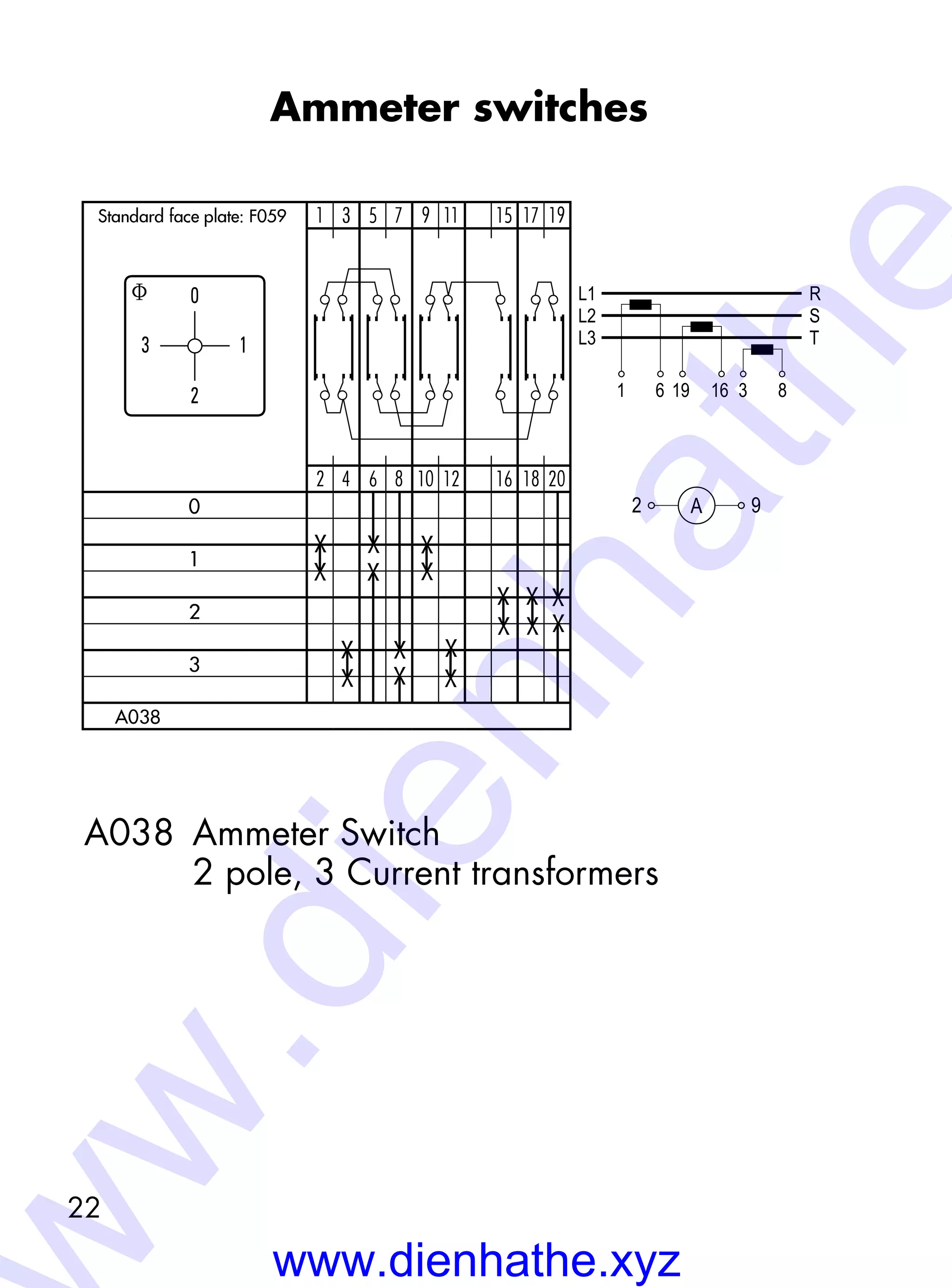 22
Ammeter switches
A038 Ammeter Switch
2 pole, 3 Current transformers
f 0
3
2
1
1 3 5 7 9 11 15 17 19
2 4 6 8 10 12 16 18 20
0
1
2
3
A038
X
X
X
X
X
X
X
X
X
X
X
X
X
X
L2 S
3
L3 T
819 16
L1 R
1 6
X
X
X
X
2 9A
Standard-Frontschild: F059Standard face plate: F059
www.dienhathe.xyz
w.dienhathe
 