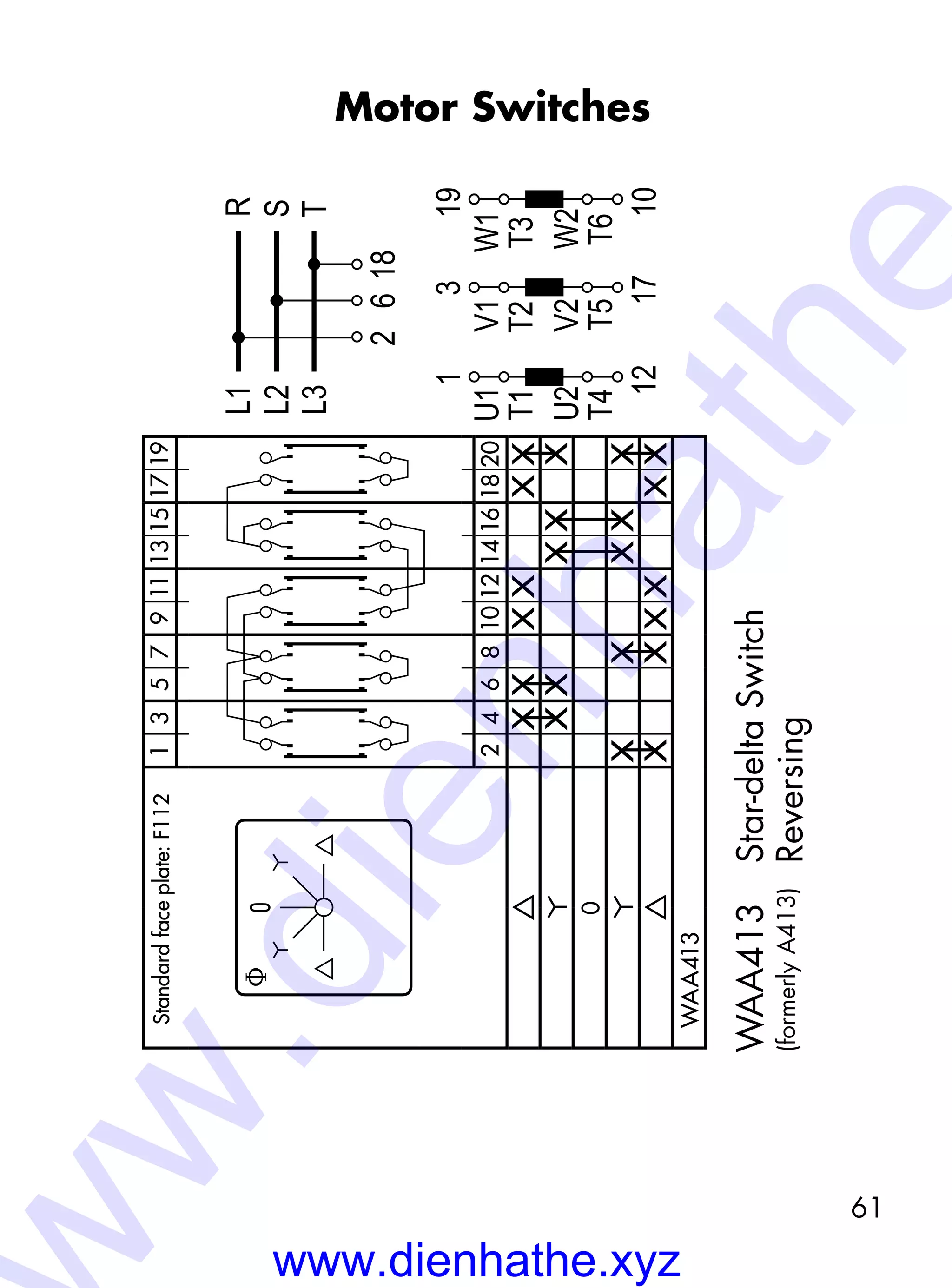 61
Motor Switches
WAA413	Star-deltaSwitch
Reversing(formerlyA413)
f0
135791113151719
2468101214161820
XXXXXX
XXXXX
0
XXXXX
XXXXXX
WAA413
L1
L2
26
R
S
18
L3T
1
U1
T1
12
U2
T4
3
V1
T2
17
V2
T5
19
W1
T3
10
W2
T6
Standard-Frontschild:F112Standardfaceplate:F112
www.dienhathe.xyz
w.dienhathe
 