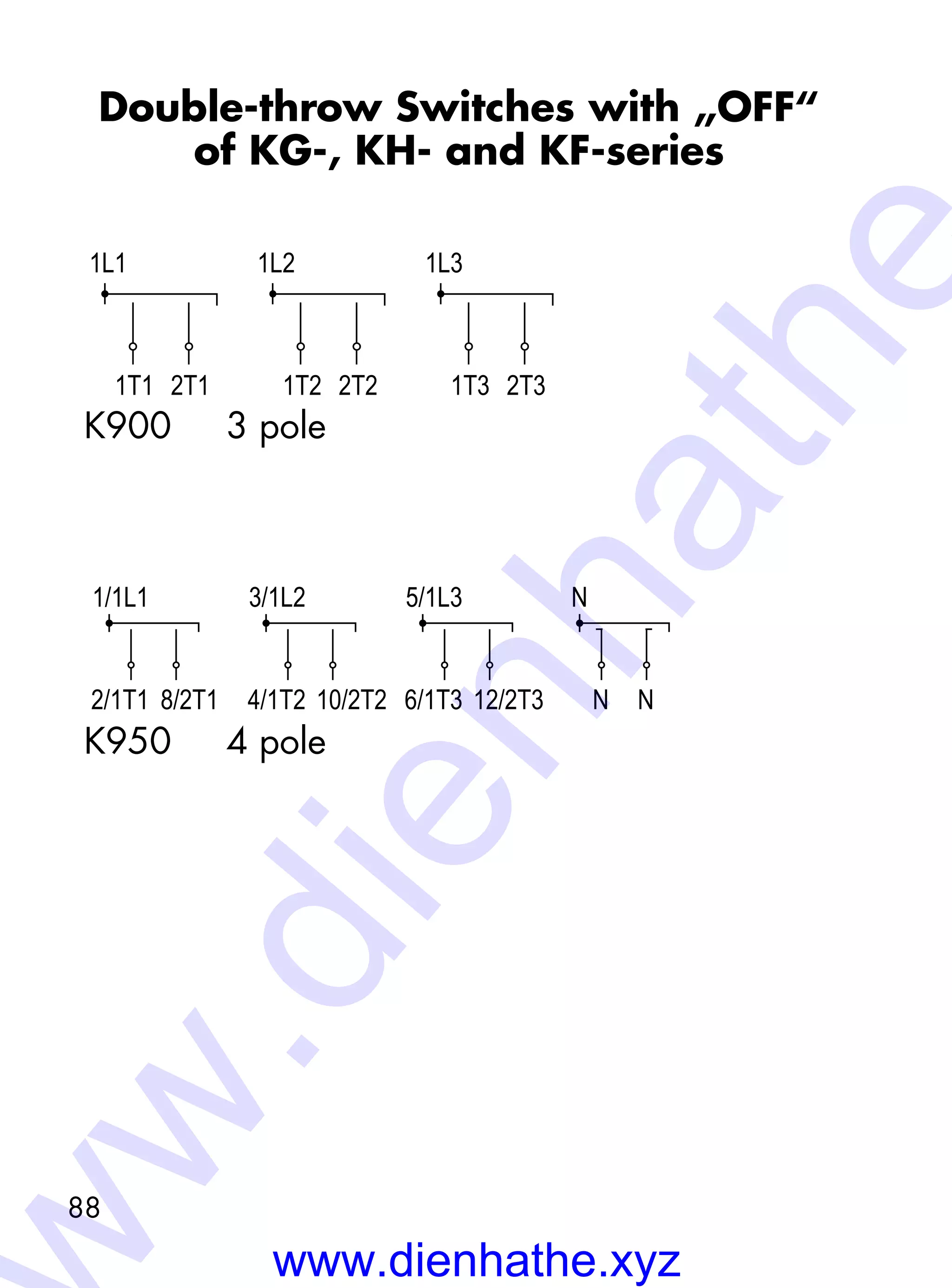 88
Double-throw Switches with „OFF“
of KG-, KH- and KF-series
1L1
1T1 2T1
1L2
1T2 2T2
1L3
1T3 2T3
6/1T3 12/2T3
5/1L3
4/1T2 10/2T2
3/1L2
2/1T1 8/2T1
1/1L1
N N
N
K900	 3 pole
K950	 4 pole
www.dienhathe.xyz
w.dienhathe
 