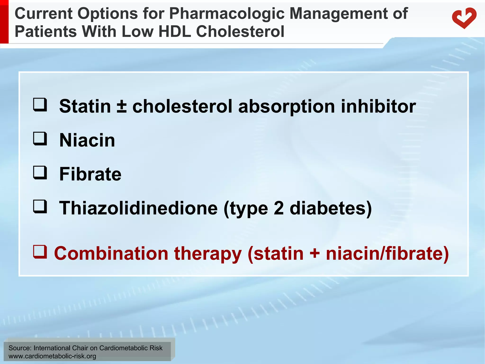 Current Options for Pharmacologic Management of Patients With Low HDL Cholesterol Statin  ± cholesterol absorption inhibitor  Niacin Fibrate Thiazolidinedione (type 2 diabetes) Combination therapy (statin + niacin/fibrate) 