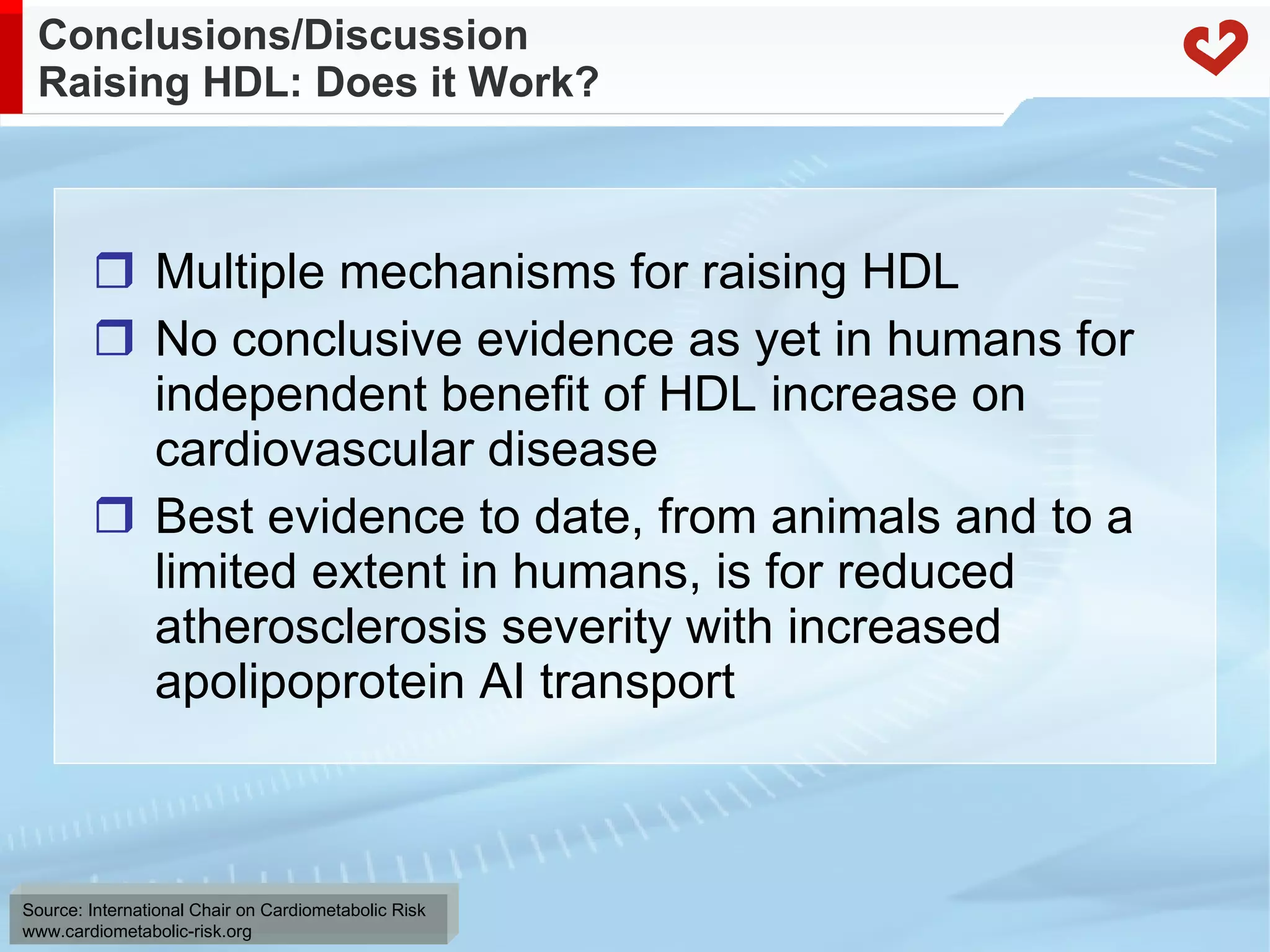 Conclusions/Discussion  Raising HDL: Does it Work? Multiple mechanisms for raising HDL No conclusive evidence as yet in humans for independent benefit of HDL increase on cardiovascular disease Best evidence to date, from animals and to a limited extent in humans, is for reduced atherosclerosis severity with increased apolipoprotein AI transport 