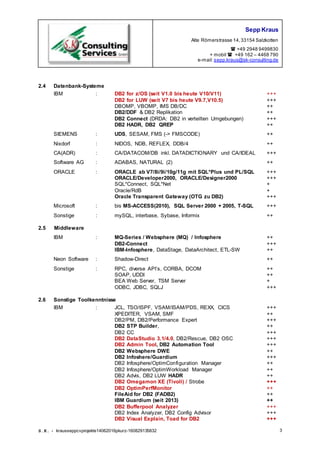 Sepp Kraus
Alte Römerstrasse 14,33154 Salzkotten
 +49 2948 9499830
+ mobil  +49 162 – 4468 790
e-mail:sepp.kraus@sk-consulting.de
S.K. - krausseppcvprojekte14062016pkurz-160829135832 3
2.4 Datenbank-Systeme
IBM : DB2 for z/OS (seit V1.0 bis heute V10/V11) +++
DB2 for LUW (seit V7 bis heute V9.7,V10.5) +++
DBOMP, VBOMP, IMS DB/DC ++
DB2/DDF & DB2 Replikation ++
DB2 Connect (DRDA: DB2 in verteilten Umgebungen) +++
DB2 HADR, DB2 QREP ++
SIEMENS : UDS, SESAM, FMS (-> FMSCODE) ++
Nixdorf : NIDOS, NDB, REFLEX, DDB/4 ++
CA(ADR) : CA/DATACOM/DB inkl. DATADICTIONARY und CA/IDEAL +++
Software AG : ADABAS, NATURAL (2) ++
ORACLE : ORACLE ab V7/8i/9i/10g/11g mit SQL*Plus und PL/SQL +++
ORACLE/Developer2000, ORACLE/Designer2000 +++
SQL*Connect, SQL*Net +
Oracle/RdB +
Oracle Transparent Gateway (OTG zu DB2) +++
Microsoft : bis MS-ACCESS(2010), SQL Server 2000 + 2005, T-SQL +++
Sonstige : mySQL, interbase, Sybase, Informix ++
2.5 Middleware
IBM : MQ-Series / Websphere (MQ) / Infosphere ++
DB2-Connect +++
IBM-Infosphere, DataStage, DataArchitect, ETL-SW ++
Neon Software : Shadow-Direct ++
Sonstige : RPC, diverse API’s, CORBA, DCOM ++
SOAP, UDDI ++
BEA Web Server, TSM Server +
ODBC, JDBC, SQLJ +++
2.6 Sonstige Toolkenntnisse
IBM : JCL, TSO/ISPF, VSAM/ISAM/PDS, REXX, CICS +++
XPEDITER, VSAM, SMF ++
DB2/PM, DB2/Performance Expert +++
DB2 STP Builder, ++
DB2 CC +++
DB2 DataStudio 3.1/4.0, DB2/Rescue, DB2 OSC +++
DB2 Admin Tool, DB2 Automation Tool +++
DB2 Websphere DWE ++
DB2 Infoshere/Guardium +++
DB2 Infosphere/OptimConfiguration Manager ++
DB2 Infosphere/OptimWorkload Manager ++
DB2 Advis, DB2 LUW HADR ++
DB2 Omegamon XE (Tivoli) / Strobe +++
DB2 OptimPerfMonitor ++
FileAid for DB2 (FADB2) ++
IBM Guardium (seit 2013) ++
DB2 Bufferpool Analyzer +++
DB2 Index Analyzer, DB2 Config Advisor +++
DB2 Visual Explain, Toad for DB2 +++
 