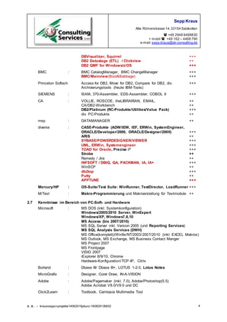 Sepp Kraus
Alte Römerstrasse 14,33154 Salzkotten
 +49 2948 9499830
+ mobil  +49 162 – 4468 790
e-mail:sepp.kraus@sk-consulting.de
S.K. - krausseppcvprojekte14062016pkurz-160829135832 4
DBVisualizer, Squirrel +++
DB2 Datastage (ETL) / Clickview ++
DB2 QMF for Windows/z/OS +++
BMC : BMC CatalogManager, BMC ChangeManager +++
BMC/Mainview(Bool&Babbage) +++
Princeton Softech Access for DB2, Move for DB2, Compare for DB2, div. +++
Archivierungstools (heute IBM-Tools)
SIEMENS : ISAM, 370-Assembler, EDS-Assembler, COBOL II +++
CA : VOLLIE, ROSCOE, theLIBRARIAN, EMAIL, ++
CA/DB2-Workbench ++
DB2/Platinum (RC-Produkte/Utilities/Value Pack) +++
div. PC-Produkte ++
msp : DATAMANAGER ++
diverse : CASE-Produkte (ADW/IEW, IEF, ERWin, SystemEngineer,
ORACLE/Developer/2000, ORACLE/Designer/2000) +++
ARIS ++
SYBASE/POWERDESIGNER/VIEWER +++
UML, ERWin, Systemengineer +++
TOAD for Oracle, Precise i3 +++
Strobe ++
Remedy / Jira ++
INFSOFT / DBIQ, QA, PACKMAN, IA, IA+ +++
WinSCP ++
db2top +++
Putty ++
APPTUNE +++
Mercury/HP : OS-Suite/Test Suite: WinRunner, TestDirector, LoadRunner +++
M/Text : Makro-Programmierung und Makroerstellung für Textmodule ++
2.7 Kenntnisse im Bereich von PC-Soft- und Hardware
Microsoft : MS DOS (inkl. Systemkonfiguration)
Windows/2005/2010 Server, WinExpert
Windows/XP, Windows7,8,10
MS Access (bis 2007/2010)
MS SQL Server inkl. Version 2005 (und Reporting Services)
MS SQL Analysis Services (DWH)
MS Office(komplett)/Win9x/NT/2003/2007/2010 (inkl. EXCEL Makros)
MS Outlook, MS Exchange, MS Business Contact Manger
MS Project 2007
MS Frontpage
VISIO 2007
iExplorer 8/9/10, Chrome
Hardware-Konfiguration/TCP-IP, Citrix
Borland : Dbase III/ Dbase III+, LOTUS 1-2-3, Lotus Notes
MicroGrafix : Designer, Corel Draw, IN-A-VISION
Adobe : Adobe/Pagemaker (inkl. 7.0), Adobe/Photoshop(5.5)
Adobe Acrobat V8.0/V9.0 und DC
Click2Learn : Toolbook, Camtasia Multimedia Tool
 