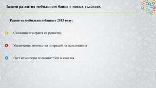 Задачи развития мобильного банка в новых условиях
Развитие мобильного банка в 2015 году:
Снижение издержек на развитие
Увеличение количества операций на пользователя
Рост количества пользователей в каналах
 