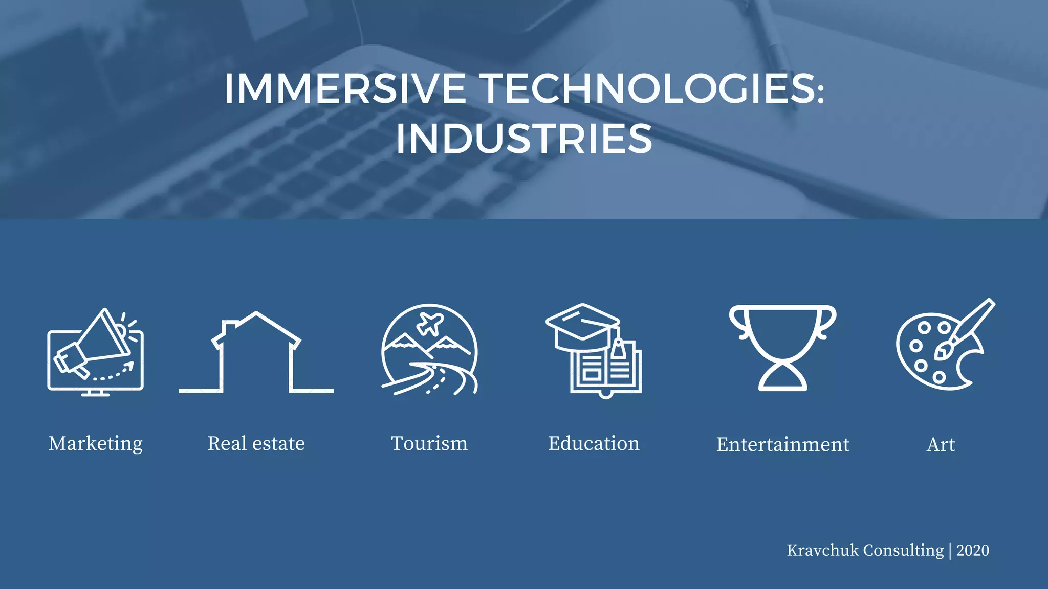 IMMERSIVE TECHNOLOGIES:
INDUSTRIES
Kravchuk Consulting | 2020
Marketing Real estate Tourism Education Entertainment Art
 