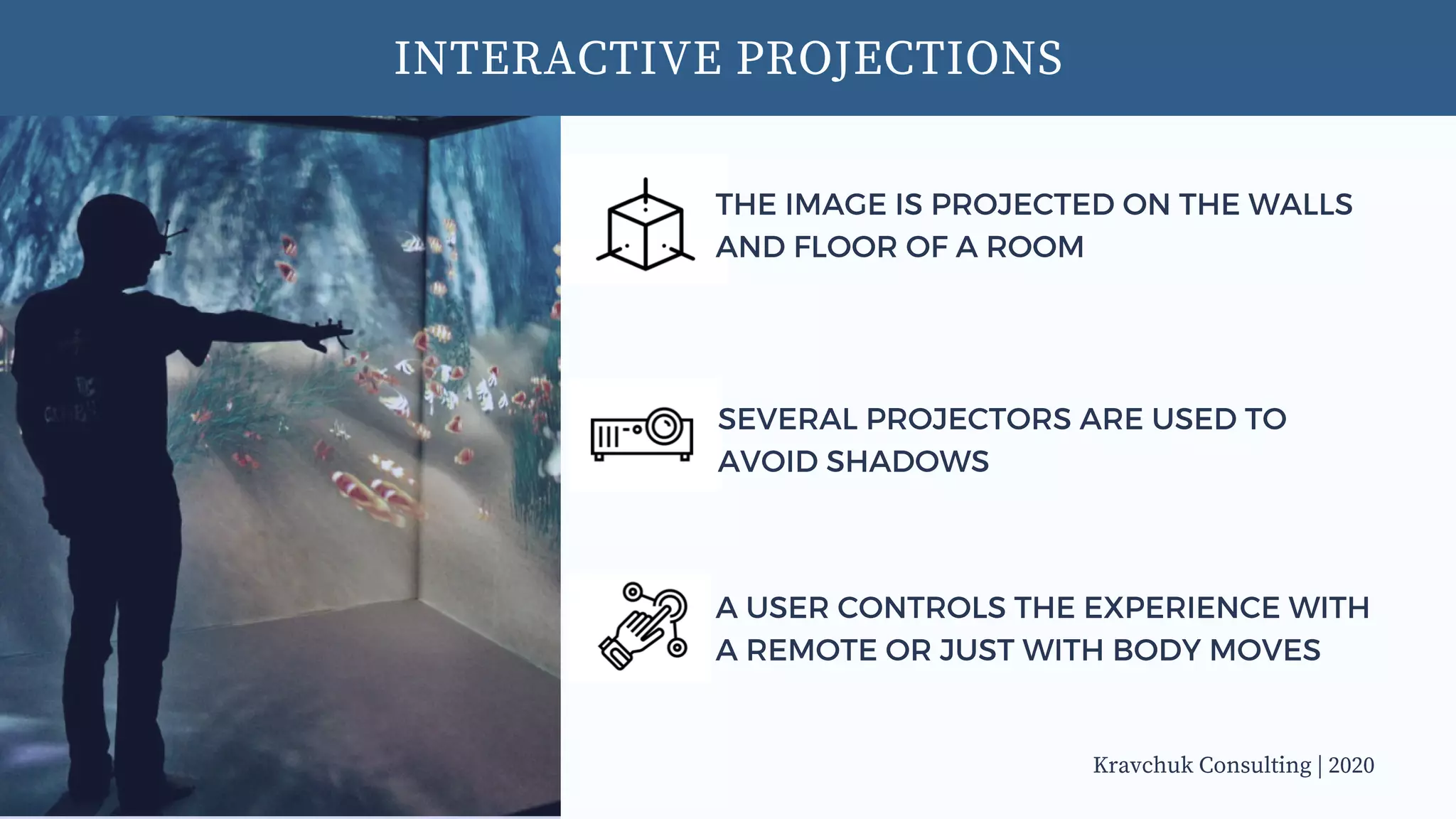 INTERACTIVE PROJECTIONS
THE IMAGE IS PROJECTED ON THE WALLS
AND FLOOR OF A ROOM
SEVERAL PROJECTORS ARE USED TO
AVOID SHADOWS
A USER CONTROLS THE EXPERIENCE WITH
A REMOTE OR JUST WITH BODY MOVES
Kravchuk Consulting | 2020
 