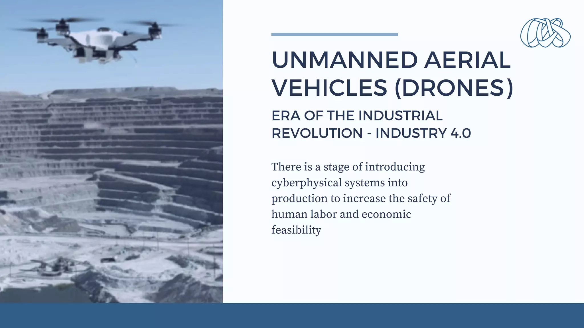 There is a stage of introducing
cyberphysical systems into
production to increase the safety of
human labor and economic
feasibility
UNMANNED AERIAL
VEHICLES (DRONES)
ERA OF THE INDUSTRIAL
REVOLUTION - INDUSTRY 4.0
 