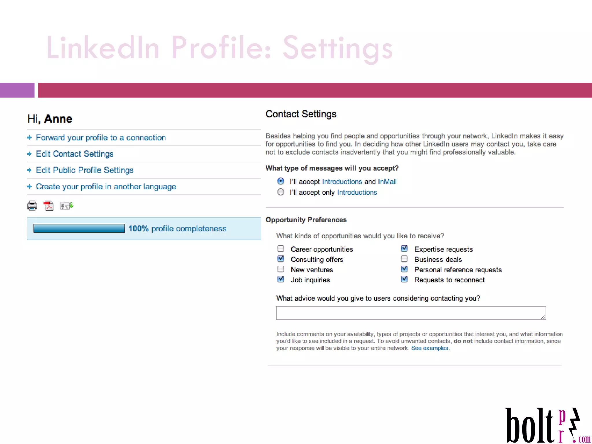LinkedIn Profile: Settings 