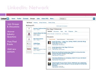 LinkedIn: Network Join Groups & Discussions Answer Industry Questions Post/Find Events Add new contacts 