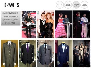 Чем мы
                             Что мы   отличны    Наши
                  Кто мы?
                            делаем?      от     клиенты
                                      других?




Индивидуальный
пошив женских и
мужских изделий
•   2011-2012
 