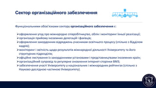 Сектор організаційного забезпечення
Функціональними обов’язками сектору організаційного забезпечення є:
оформлення угод про міжнародне співробітництво, облік і моніторинг їхньої реалізації;
організація прийому іноземних делегацій і фахівців;
оформлення закордонних відряджень учасникам освітнього процесу (спільно з Відділом
кадрів);
моніторинг і звітність щодо результатів міжнародної діяльності Університету та його
структурних підрозділів;
офіційне листування із закордонними установами і представництвами іноземних країн;
організаційний супровід та регулярне оновлення інтернет-сторінки ВМЗ;
забезпечення участі Університету у національних і міжнародних рейтингах (спільно з
Науково-дослідною частиною Університету).
 
