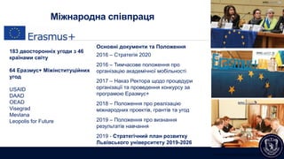 Міжнародна співпраця
183 двосторонніх угоди з 46
країнами світу
64 Еразмус+ Міжінституційних
угод
USAID
DAAD
OEAD
Visegrad
Mevlana
Leopolis for Future
www.international.lnu.edu.ua
Основні документи та Положення
2016 – Стратегія 2020
2016 – Тимчасове положення про
організацію академічної мобільності
2017 – Наказ Ректора щодо процедури
організації та проведення конкурсу за
програмою Еразмус+
2018 – Положення про реалізацію
міжнародних проектів, грантів та угод
2019 – Положення про визнання
результатів навчання
2019 - Стратегічний план розвитку
Львівського університету 2019-2026
 