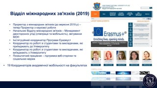 www.international.lnu.edu.ua
Відділ міжнародних зв'язків (2019)
• Проректор з міжнародних зв'язків (до вересня 2019 р) –
тепер Проректор з наукової роботи
• Начальник Відділу міжнародних зв'язків – Менеджмент
двосторонніх угод (співпраця та мобільність), звітування
МОН
• Інституційний координатор Програми Еразмус+
• Координатор по роботі зі студентами та викладачами, які
приїжджають до Університету
• Координатор по роботі зі студентами та викладачами, які
виїжджають з Університету
• Позаштатний працівник – підтримка веб-сторінки та
соціальних мереж
• 19 Координаторів академічної мобільності на факультетах
 