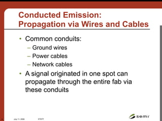 July 11, 2006 STEP7
16
Conducted Emission:
Propagation via Wires and Cables
• Common conduits:
– Ground wires
– Power cables
– Network cables
• A signal originated in one spot can
propagate through the entire fab via
these conduits
 
