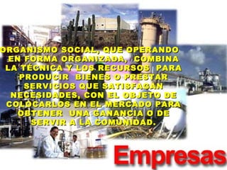 ORGANISMO SOCIAL, QUE OPERANDO
  EN FORMA ORGANIZADA, COMBINA
 LA TÉCNICA Y LOS RECURSOS PARA
    PRODUCIR BIENES O PRESTAR
     SERVICIOS QUE SATISFAGAN
  NECESIDADES, CON EL OBJETO DE
 COLOCARLOS EN EL MERCADO PARA
    OBTENER UNA GANANCIA O DE
      SERVIR A LA COMUNIDAD.



   Mag GEO Augusto                3
   JAVES SANCHEZ
 