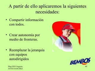 A partir de ello aplicaremos la siguientes
                necesidades:
• Compartir información
  con todos.

• Crear autonomía por
  medio de fronteras.

• Reemplazar la jerarquía
  con equipos
  autodirigidos
 Mag GEO Augusto                          40
 JAVES SANCHEZ
 