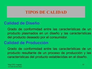 TIPOS DE CALIDAD

Calidad de Diseño
 Grado de conformidad entre las características de un
 producto plasmados en un diseño y las características
 del producto deseado por el consumidor.
Calidad de Producción
 Grado de conformidad entre las características de un
 producto resultante de un proceso de producción y las
 características del producto establecidas en el diseño.

 Mag GEO Augusto                                  53
 JAVES SANCHEZ
 