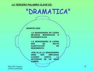 LA TERCERA PALABRA CLAVE ES:




                  SIGNIFICA QUE:

                      -LA REINGENIERIA NO LOGRA
                      MEJORAS MARGINALES O
                      INCREMENTALES.

                      -LA REINGENIERIA SI LOGRA
                      DAR       SU        SALTO
                      CUANTITATIVO           EN
                      RENDIMIENTO.

                      -POR ELLO LA REINGENIERIA
                      DEBE    SER     EMPLEADA
                      CUANDO      EXISTA     LA
                      NECESIDAD DE UN GRAN
                      CAMBIO.

Mag GEO Augusto                                   76
JAVES SANCHEZ
 