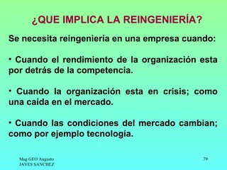 ¿QUE IMPLICA LA REINGENIERÍA?
Se necesita reingeniería en una empresa cuando:

• Cuando el rendimiento de la organización esta
por detrás de la competencia.

• Cuando la organización esta en crisis; como
una caída en el mercado.

• Cuando las condiciones del mercado cambian;
como por ejemplo tecnología.

  Mag GEO Augusto                           79
  JAVES SANCHEZ
 