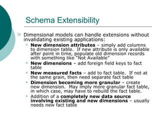 Schema Extensibility Dimensional models can handle extensions without invalidating existing applications: New dimension attributes  – simply add columns to dimension table.  If new attribute is only available after point in time, populate old dimension records with something like “Not Available” New dimensions  – add foreign field keys to fact table New measured facts  – add to fact table.  If not at the same grain, then need separate fact table Dimension becoming more granular  – create new dimension.  May imply more granular fact table, in which case, may have to rebuild the fact table. Addition of a  completely new data source involving existing and new dimensions  – usually needs new fact table 
