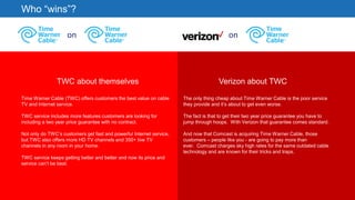 21
on on
Who “wins”?
TWC about themselves
Time Warner Cable (TWC) offers customers the best value on cable
TV and Internet service.
TWC service includes more features customers are looking for
including a two year price guarantee with no contract.
Not only do TWC’s customers get fast and powerful Internet service,
but TWC also offers more HD TV channels and 350+ live TV
channels in any room in your home.
TWC service keeps getting better and better and now its price and
service can’t be beat.
Verizon about TWC
The only thing cheap about Time Warner Cable is the poor service
they provide and it’s about to get even worse.
The fact is that to get their two year price guarantee you have to
jump through hoops. With Verizon that guarantee comes standard.
And now that Comcast is acquiring Time Warner Cable, those
customers – people like you - are going to pay more than
ever. Comcast charges sky high rates for the same outdated cable
technology and are known for their tricks and traps.
 