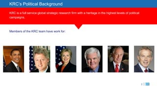 3
KRC’s Political Background
KRC is a full service global strategic research firm with a heritage in the highest levels of political
campaigns.
Members of the KRC team have work for:
3
 