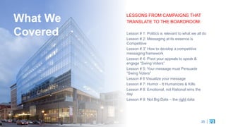 35
What We
Covered
LESSONS FROM CAMPAIGNS THAT
TRANSLATE TO THE BOARDROOM:
Lesson # 1: Politics is relevant to what we all do
Lesson # 2: Messaging at its essence is
Competitive
Lesson # 3” How to develop a competitive
messaging framework
Lesson # 4: Pivot your appeals to speak &
engage “Swing Voters”
Lesson # 5: Your message must Persuade
“Swing Voters”
Lesson # 6 Visualize your message
Lesson # 7: Humor - It Humanizes & Kills
Lesson # 8: Emotional, not Rational wins the
day
Lesson # 9: Not Big Data – the right data
35
 