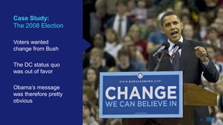 8
Case Study:
The 2008 Election
Voters wanted
change from Bush
The DC status quo
was out of favor
Obama’s message
was therefore pretty
obvious
8
 