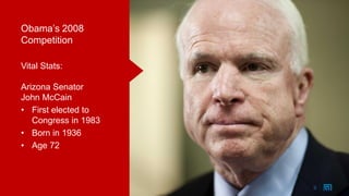 9
Obama’s 2008
Competition
Vital Stats:
Arizona Senator
John McCain
• First elected to
Congress in 1983
• Born in 1936
• Age 72
9
 