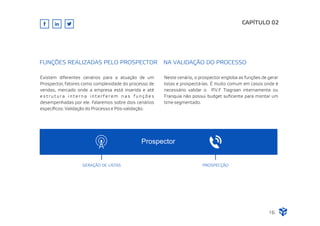 CAPÍTULO 02
Existem diferentes cenários para a atuação de um
Prospector, fatores como complexidade do processo de
vendas, mercado onde a empresa está inserida e até
e s t r u t u r a i n t e r n a i n t e r f e r e m n a s f u n ç õ e s
desempenhadas por ele. Falaremos sobre dois cenários
especíﬁcos: Validação do Processo e Pós-validação.
FUNÇÕES REALIZADAS PELO PROSPECTOR
Neste cenário, o prospector engloba as funções de gerar
listas e prospectá-las. É muito comum em casos onde é
necessário validar o P.V.F Tiagraan internamente ou
Franquia não possui budget suﬁciente para montar um
time segmentado.
NA VALIDAÇÃO DO PROCESSO
PROSPECÇÃOGERAÇÃO DE LISTAS
Prospector
16
 