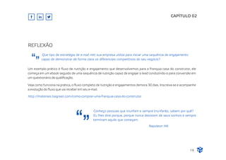 REFLEXÃO
CAPÍTULO 02
Conheço pessoas que triunfam e sempre triunfarão, sabem por quê?
Eu lhes direi porque, porque nunca desistem de seus sonhos e sempre
terminam aquilo que começam.
Napoleon Hill
Que tipo de estratégia de e-mail mkt sua empresa utiliza para iniciar uma sequência de engajamento
capaz de demonstrar de forma clara os diferenciais competitivos do seu negócio?
Um exemplo prático é ﬂuxo de nutrição e engajamento que desenvolvemos para a franquia casa do construtor, ele
começa em um ebook seguido de uma sequência de nutrição capaz de engajar o lead conduzindo-o para conversão em
um questionário de qualiﬁcação.
Veja como funciona na prática, o ﬂuxo completo de nutrição e engajamentos demora 30 dias. Inscreva-se e acompanhe
a evolução do ﬂuxo que vai receber em seu e-mail.
http://materiais.tiagraan.com/como-comprar-uma-franquia-casa-do-construtor
19
 