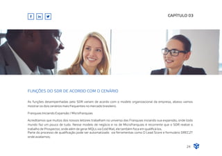As funções desempenhadas pelo SDR variam de acordo com o modelo organizacional da empresa, abaixo vamos
mostrar os dois cenários mais frequentes no mercado brasileiro.
Franquias Iniciando Expansão / Microfranquias
Acreditamos que muitos dos nossos leitores trabalham no universo das Franquias iniciando sua expansão, onde todo
mundo faz um pouco de tudo. Nesse modelo de negócio e no de Microfranquias é recorrente que o SDR realize o
trabalho de Prospector, onde além de gerar MQLs via Cold Mail, ele também foca em qualiﬁcá-los.
Parte do processo de qualiﬁcação pode ser automatizado via ferramentas como O Lead Score e formulário DREC2T
onde avaliamos;
CAPÍTULO 03
FUNÇÕES DO SDR DE ACORDO COM O CENÁRIO
24
 
