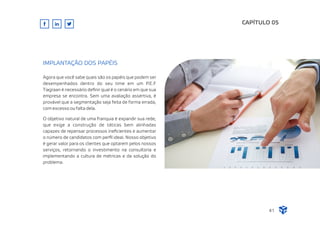 Agora que você sabe quais são os papéis que podem ser
desempenhados dentro do seu time em um P.E.F
Tiagraan é necessário deﬁnir qual é o cenário em que sua
empresa se encontra. Sem uma avaliação assertiva, é
provável que a segmentação seja feita de forma errada,
com excesso ou falta dela.
O objetivo natural de uma franquia é expandir sua rede,
que exige a construção de táticas bem alinhadas
capazes de repensar processos ineﬁcientes e aumentar
o número de candidatos com perﬁl ideal. Nosso objetivo
é gerar valor para os clientes que optarem pelos nossos
serviços, retornando o investimento na consultoria e
implementando a cultura de métricas e da solução do
problema.
CAPÍTULO 05
41
IMPLANTAÇÃO DOS PAPÉIS
 