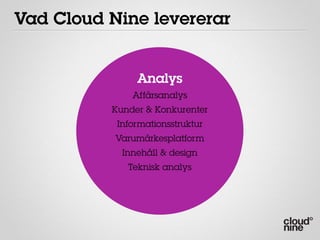 Vad Cloud Nine levererar


               Analys
              Affärsanalys
          Kunder & Konkurenter
           Informationsstruktur
           Varumärkesplatform
            Innehåll & design
             Teknisk analys
 