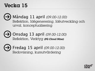 Vecka 15

  Måndag 11 april (09.00-12.00)
  Reﬂektion, Idégenerering, Idéutveckling och
  urval, konceptualisering

  Onsdag 13 april (09.00-12.00)
  Reﬂektion, Verktyg (På Cloud Nine)

  Fredag 15 april (09.00-12.00)
  Redovisning, kursutvärdering
 