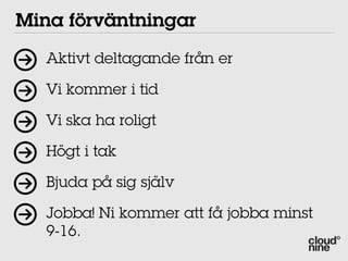 Mina förväntningar
   Aktivt deltagande från er

   Vi kommer i tid

   Vi ska ha roligt

   Högt i tak

   Bjuda på sig själv

   Jobba! Ni kommer att få jobba minst
   9-16.
 