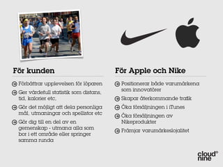För kunden                              För Apple och Nike
 Förbättrar upplevelsen för löparen      Positionerar både varumärkena
                                         som innovatörer
 Ger värdefull statistik som distans,
 tid, kalorier etc,                      Skapar återkommande traﬁk
 Gör det möjligt att dela personliga     Öka försäljningen i iTunes
 mål, utmaningar och spellistor etc
                                         Öka försäljningen av
 Gör dig till en del av en               Nikeprodukter
 gemenskap - utmana alla som
                                         Främjar varumärkeslojalitet
 bor i ett område eller springer
 samma runda
 