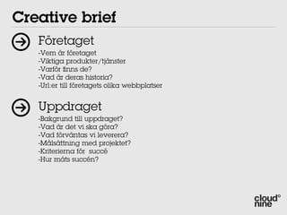 Creative brief
   Företaget
   -Vem är företaget
   -Viktiga produkter/tjänster
   -Varför nns de?
   -Vad är deras historia?
   -Url:er till företagets olika webbplatser


   Uppdraget
   -Bakgrund till uppdraget?
   -Vad är det vi ska göra?
   -Vad förväntas vi leverera?
   -Målsättning med projektet?
   -Kriterierna för succé
   -Hur mäts succén?
 