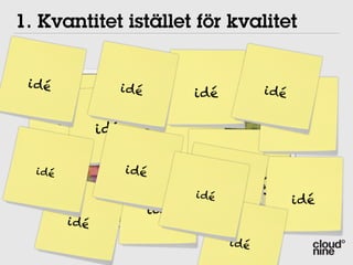 1. Kvantitet istället för kvalitet
     01 Quantity before quality
   i dé            i dé            idé       i dé

           idé idé                               idé


                                  idé
    i dé             i dé
                                       idéi dé
                                      i dé
                                   i dé
                                                    idé
                            idé
            i dé
It is better to have enough ideas for isome of them to
                                        dé
 