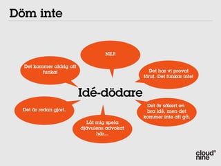 Döm inte


                                   NEJ!

  Det kommer aldrig att
         funka!                                  Det har vi provat
                                              förut. Det funkar inte!


                          Idé-dödare
                                               Det är säkert en
  Det är redan gjort.                          bra idé, men det
                                              kommer inte att gå.
                            Låt mig spela
                          djävulens advokat
                                här...
 