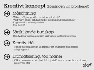 Kreativt koncept (Lösningen på problemet)
    Målsättning
    -Vilken målgrupp, vilka individer vill vi nå?
    -Vad vill vi säga, och hur stödjer det målgruppens behov?
    -Kopplat till kundens problem
    -Resultatet?


    Särskiljande budskap
    -Den tydliga ”säljbara/unika” skillnaden mot konkurrenten


    Kreativ idé
    - Vad är det som gör att vi kommer att engagera och beröra
      målgruppen?


    Dramatisering, ton manér
    - V Hur presenteras det i text, bild, ljud (Kan vara moodbords, skisser,
      prototyper etc)
 