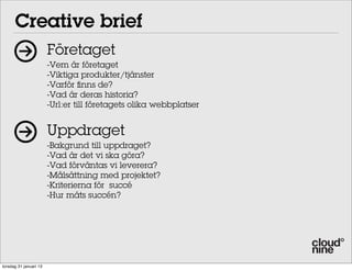 Creative brief
                        Företaget
                        -Vem är företaget
                        -Viktiga produkter/tjänster
                        -Varför finns de?
                        -Vad är deras historia?
                        -Url:er till företagets olika webbplatser


                        Uppdraget
                        -Bakgrund till uppdraget?
                        -Vad är det vi ska göra?
                        -Vad förväntas vi leverera?
                        -Målsättning med projektet?
                        -Kriterierna för succé
                        -Hur mäts succén?




torsdag 31 januari 13
 