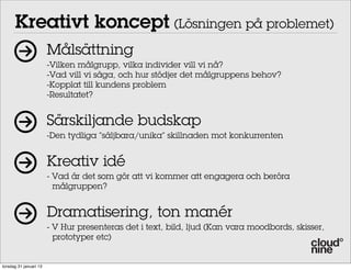 Kreativt koncept (Lösningen på problemet)
                        Målsättning
                        -Vilken målgrupp, vilka individer vill vi nå?
                        -Vad vill vi säga, och hur stödjer det målgruppens behov?
                        -Kopplat till kundens problem
                        -Resultatet?


                        Särskiljande budskap
                        -Den tydliga ”säljbara/unika” skillnaden mot konkurrenten


                        Kreativ idé
                        - Vad är det som gör att vi kommer att engagera och beröra
                          målgruppen?


                        Dramatisering, ton manér
                        - V Hur presenteras det i text, bild, ljud (Kan vara moodbords, skisser,
                          prototyper etc)


torsdag 31 januari 13
 