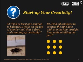 Start-up Your Creativity!


     A) “Find at least one solution                                                        B) „Find all solutions to
     to balance 10 Nails on the top                                                        connect the nine dots
     of another nail that is fixed                                                         with at most four straight
     and standing up vertically!”                                                          lines without lifting the
                                                                                           pen!“




Kreative Produktinnovation - Zusammen, nicht allein! | Ullrich & Graf | Hamburg, 09. Januar 2012                    1
 
