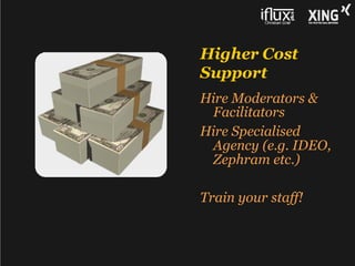 Higher Cost
Support
Hire Moderators &
  Facilitators
Hire Specialised
  Agency (e.g. IDEO,
  Zephram etc.)

Train your sta...