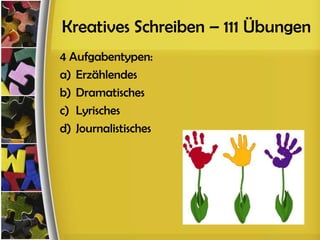 Kreatives Schreiben – 111 Übungen
4 Aufgabentypen:
a) Erzählendes
b) Dramatisches
c) Lyrisches
d) Journalistisches
 
