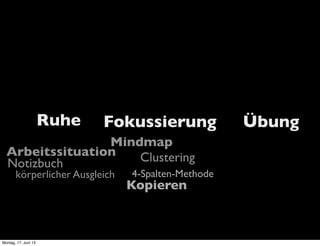 Arbeitssituation
Notizbuch
körperlicher Ausgleich
Mindmap
Clustering
4-Spalten-Methode
Kopieren
Ruhe Fokussierung Übung
Montag, 17. Juni 13
 