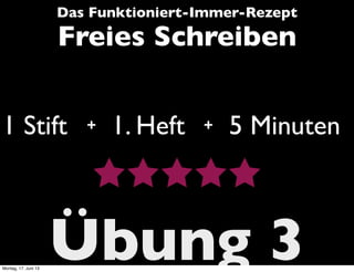 Übung 3
Das Funktioniert-Immer-Rezept
Freies Schreiben
1 Stift 1. Heft 5 Minuten+ +
Montag, 17. Juni 13
 