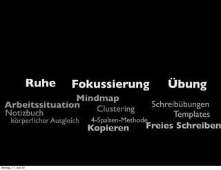 Ruhe Fokussierung Übung
Arbeitssituation
Notizbuch
körperlicher Ausgleich
Mindmap
Clustering
4-Spalten-Methode
Kopieren
Schreibübungen
Templates
Freies Schreiben
Montag, 17. Juni 13
 